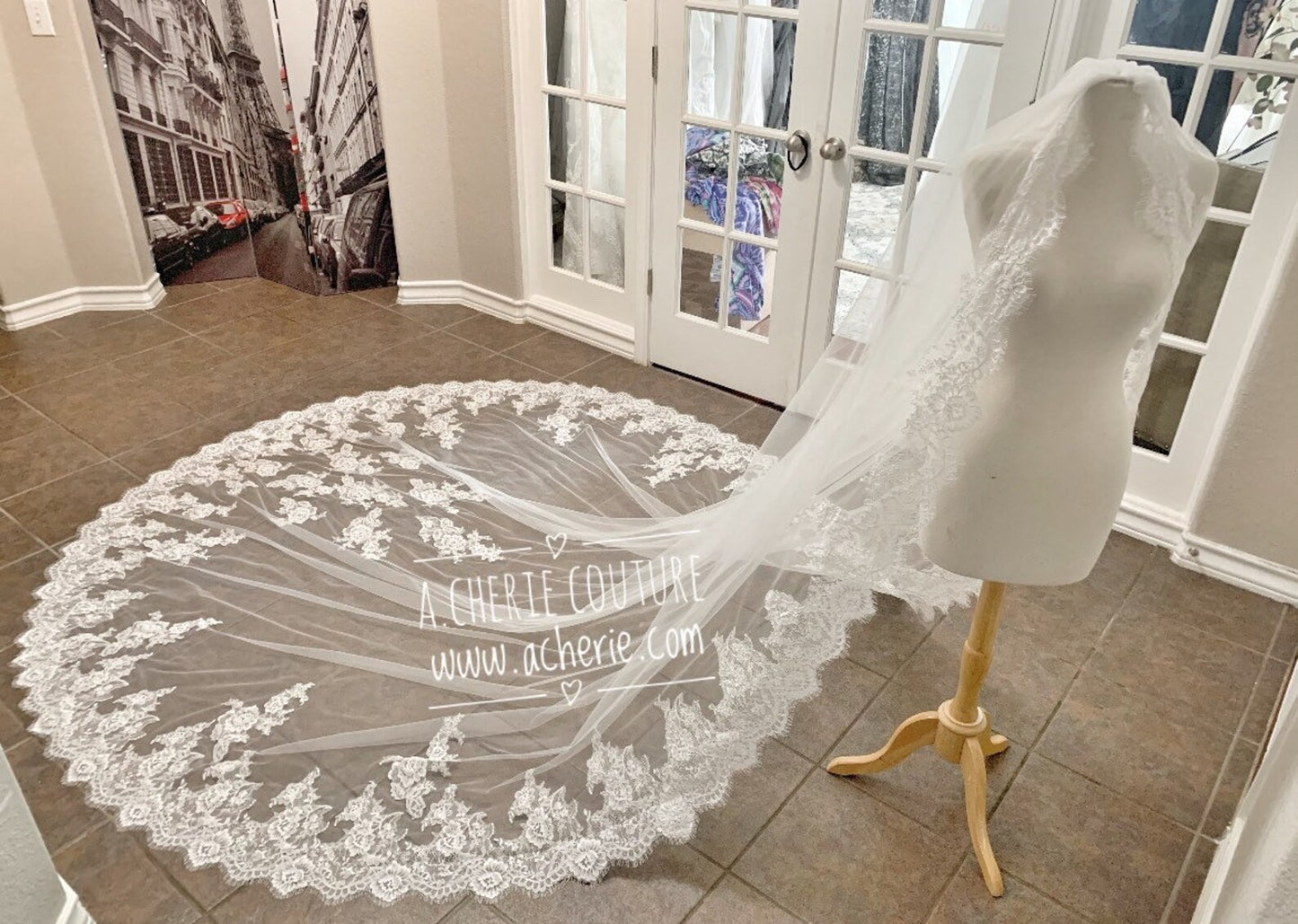 Wide Alencon Lace Cathedral Veil - A.Cherie Couture Shop