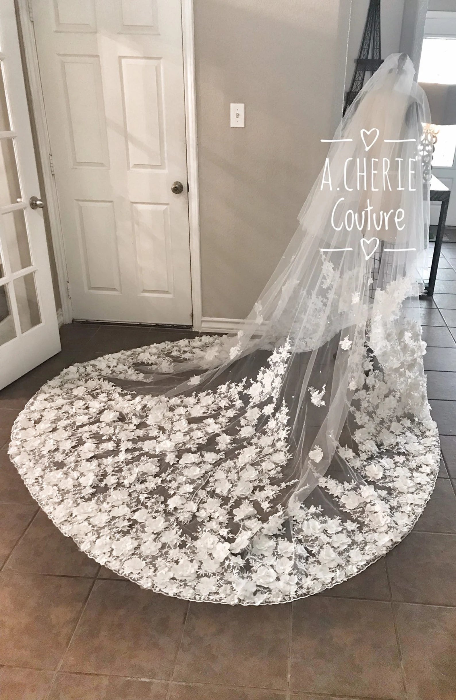 Wide Beaded 3D Floral Lace Cathedral Veil - A.Cherie Couture Shop