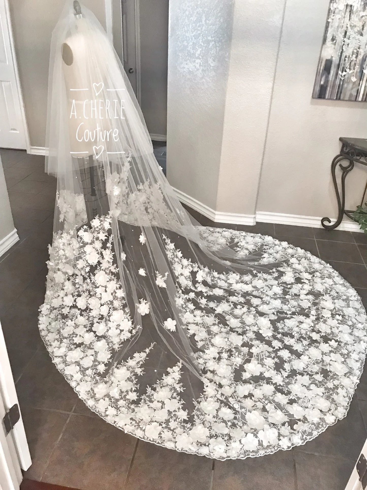 Wide Beaded 3D Floral Lace Cathedral Veil - A.Cherie Couture Shop