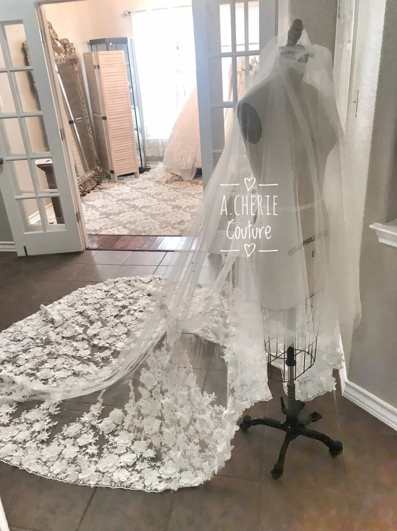 Wide Beaded 3D Floral Lace Cathedral Veil - A.Cherie Couture Shop