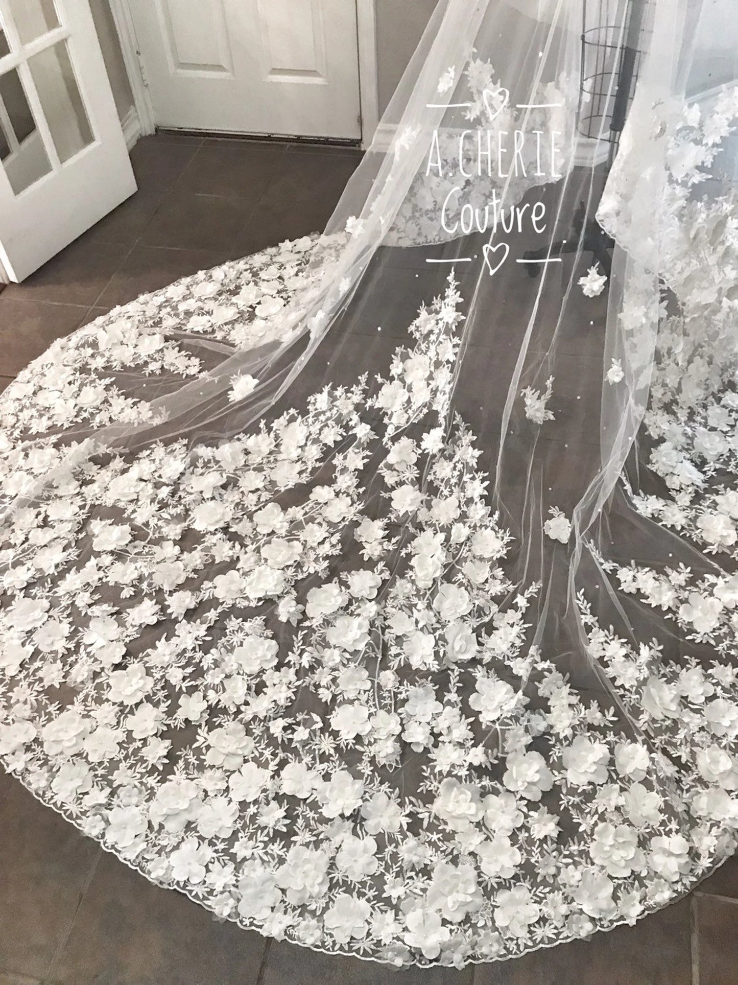 Wide Beaded 3D Floral Lace Cathedral Veil - A.Cherie Couture Shop