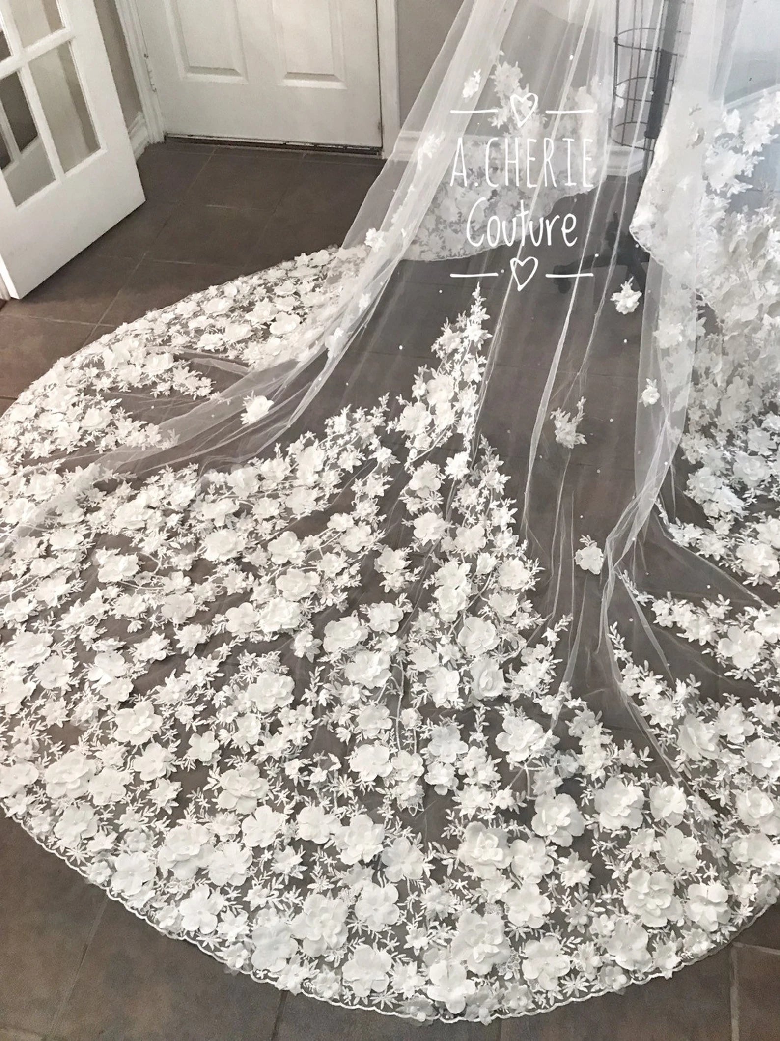 Wide Beaded 3D Floral Lace Cathedral Veil - A.Cherie Couture Shop