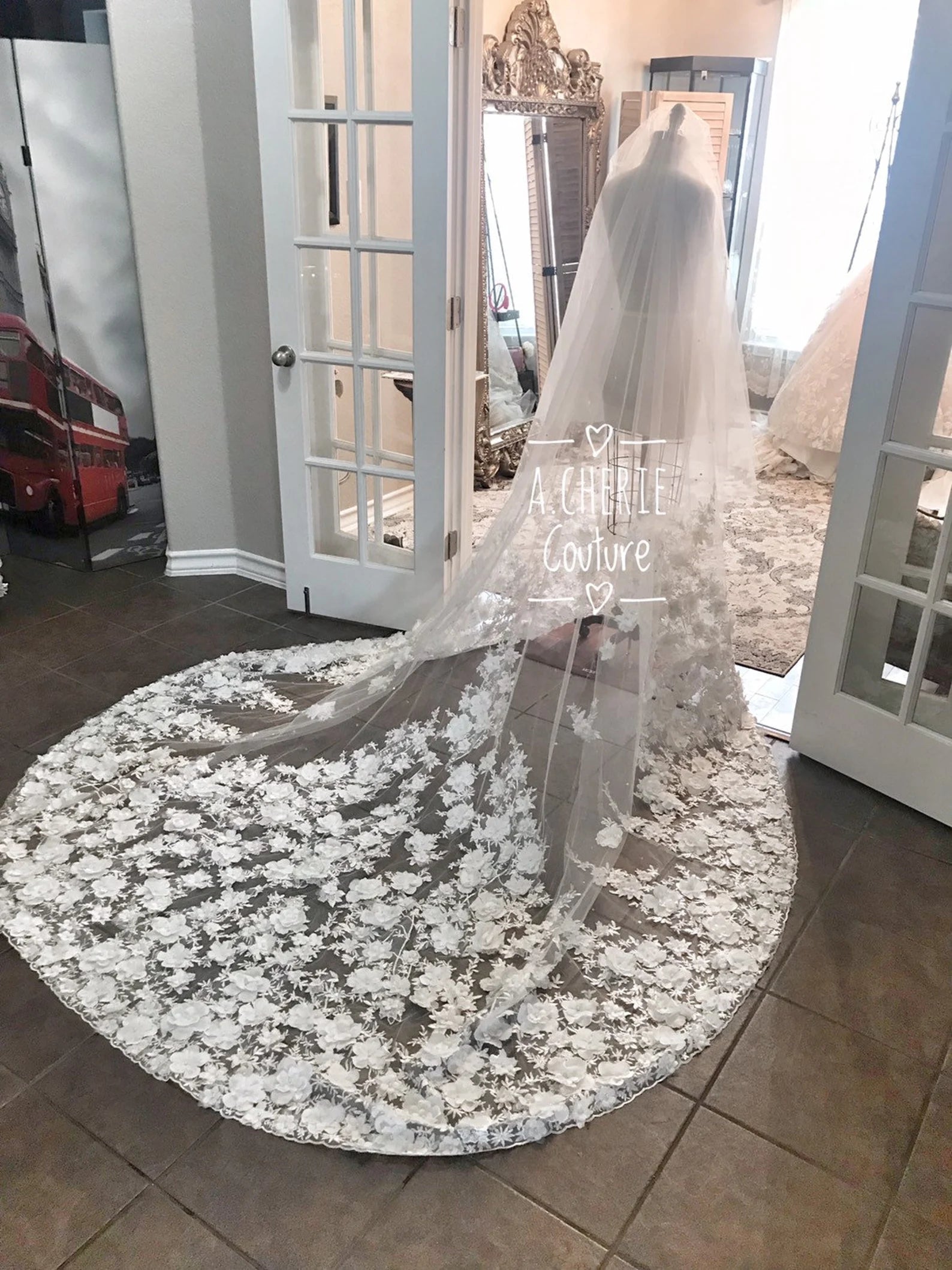 Wide Beaded 3D Floral Lace Cathedral Veil - A.Cherie Couture Shop