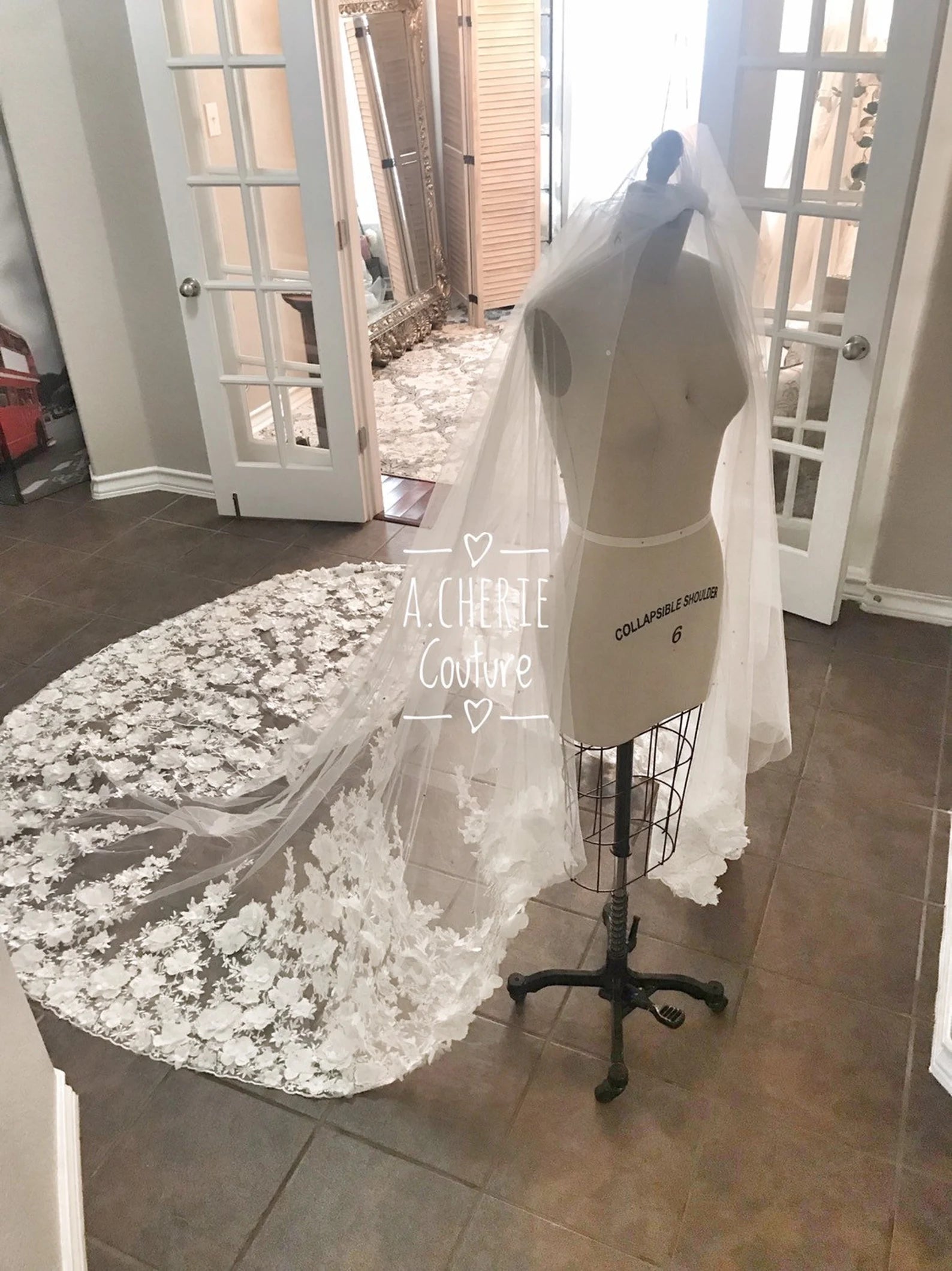 Wide Beaded 3D Floral Lace Cathedral Veil - A.Cherie Couture Shop