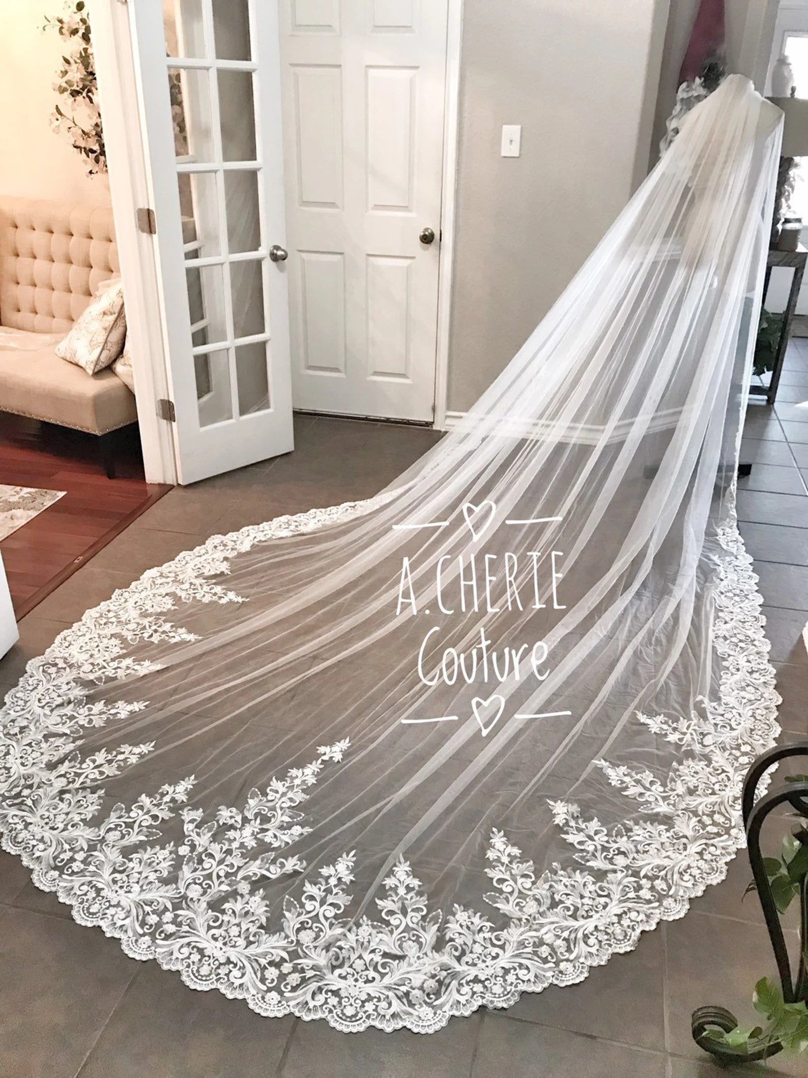 Wide Floral Scroll Lace Royal Veil - A.Cherie Couture Shop