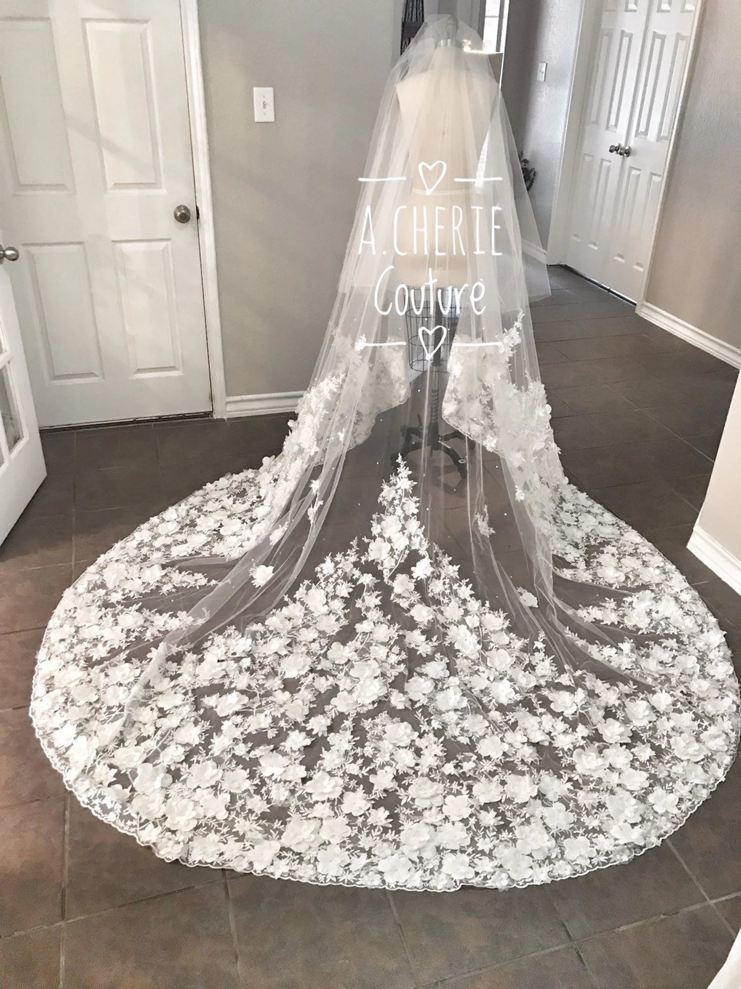Wide Beaded 3D Floral Lace Cathedral Veil - A.Cherie Couture Shop