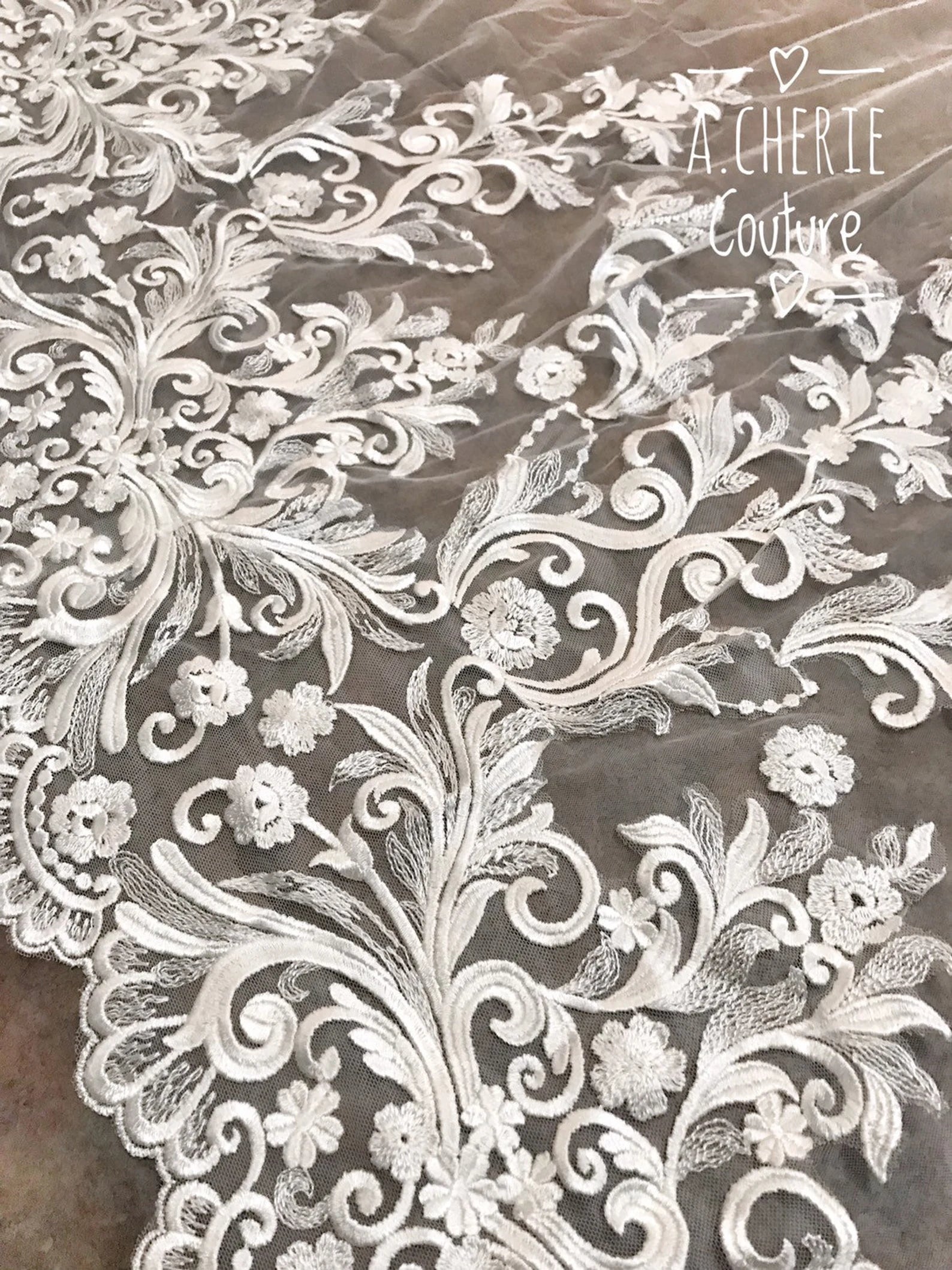 Wide Floral Scroll Lace Royal Veil - A.Cherie Couture Shop
