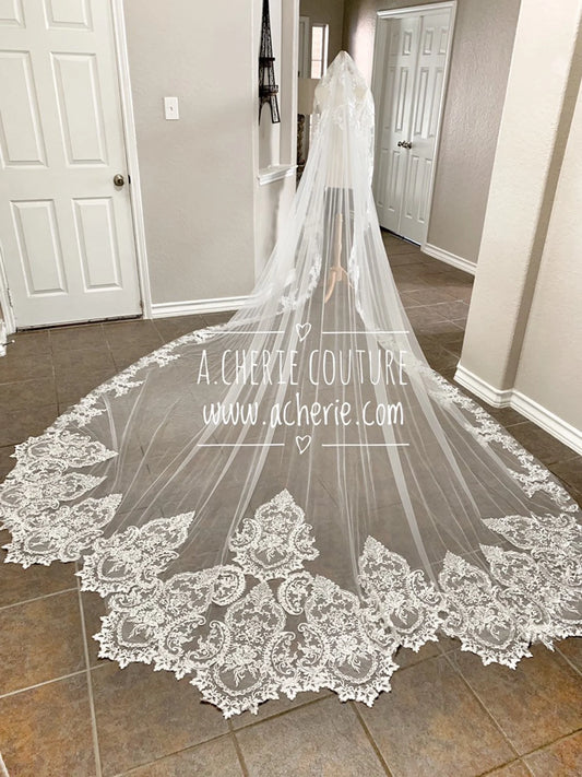 Scallop Leaf Scroll Lace Royal Veil - A.Cherie Couture Shop
