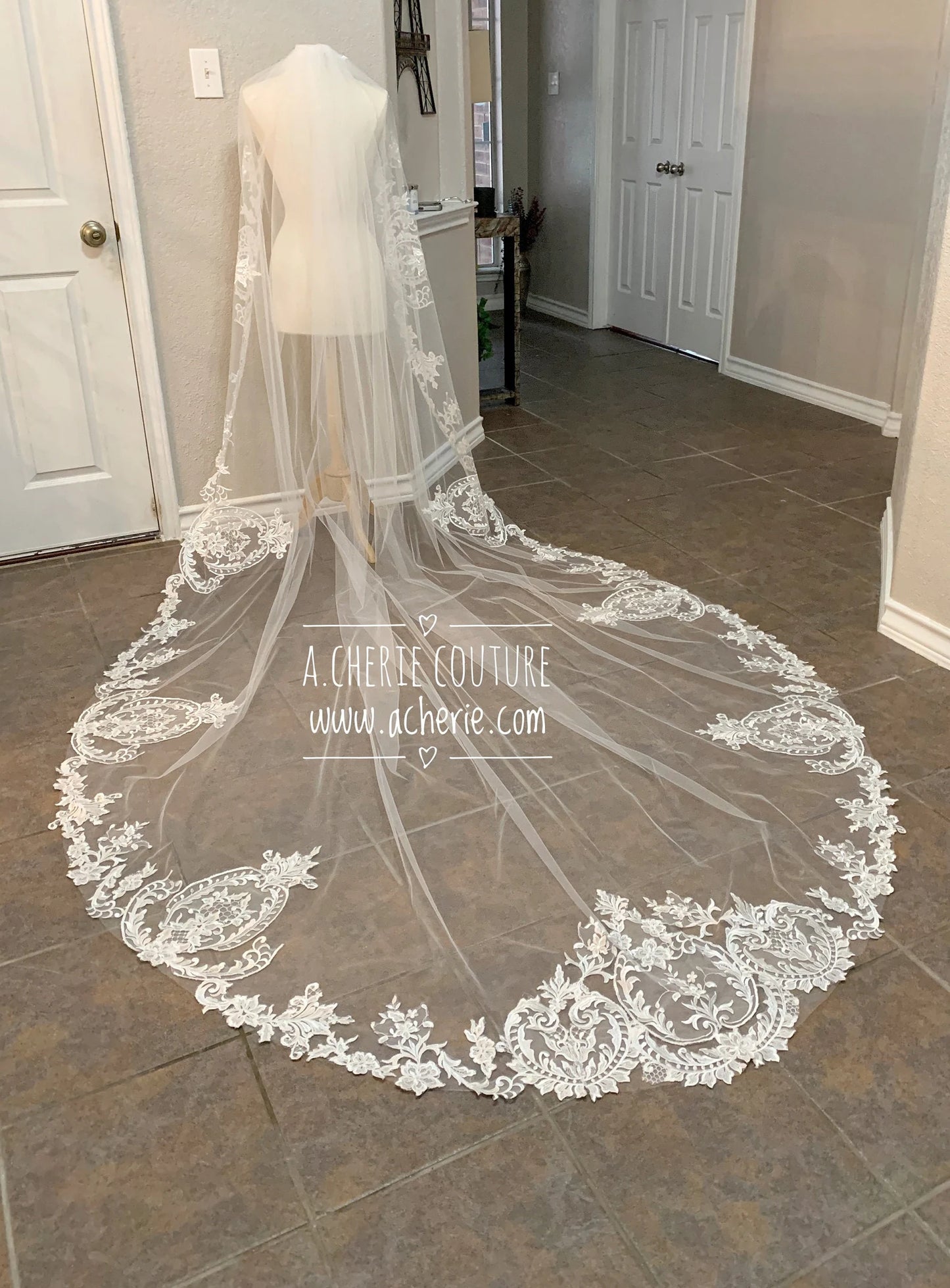 Sequin Scallop Floral Lace Royal Veil - A.Cherie Couture Shop