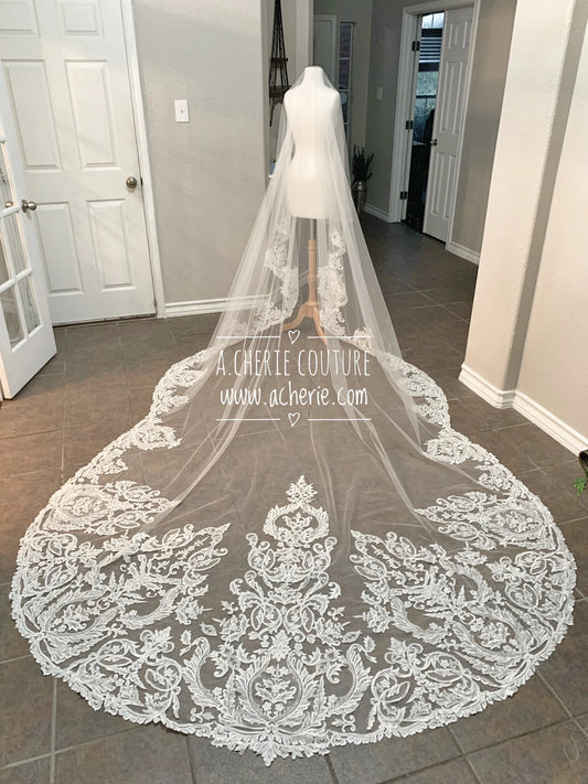 Sequin Scalloped Lace with Beading Cathedral Veil - A.Cherie Couture Shop