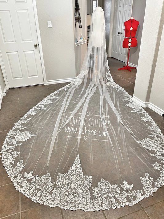 Thin Leaf Scroll Sequin Lace Royal Veil - A.Cherie Couture Shop